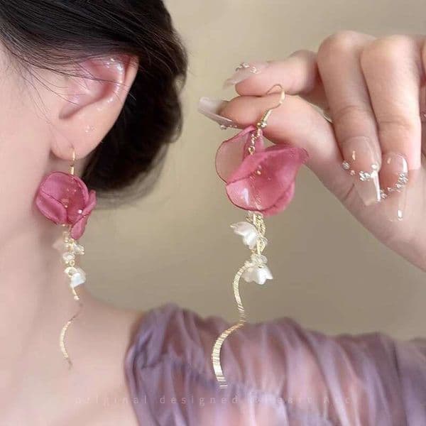 Designer Jewelry Luxury Jewelry Pink Tulle Flower Tassel Earrings For Women, New Unique Design, Exaggerated Stud Earrings, Vacation Style, Fashionable And Versa