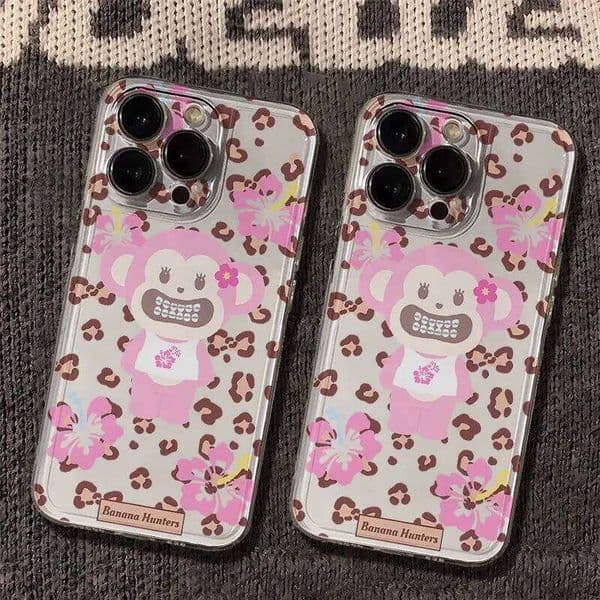 Pink Leopard Print Steel Teeth Monkey Phone Case For iPhone 17 Air 16 15 14 13 12 11 Pro Max Mini XSMax XR X 7 8 Plus Soft Cover