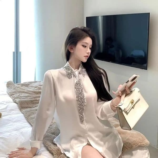 Womens White Shirt Spring Autumn Crystal Beading With Necktie Chiffon Female Blouses Ladies Tops Women Clothing 260601