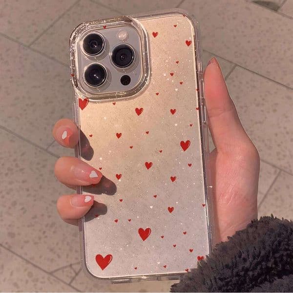 Red Heart INS Glitter Phone Case For iPhone Max 16 14 15 13 12 11 Pro Plus 17 Air 17E 16E X XS Clear Soft TPU Cover