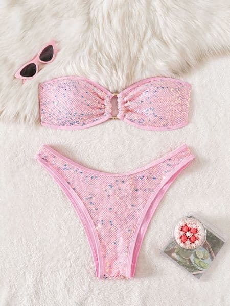 2026 Bikini Sexy Women Bandeau Shiny Sequin Front Ring Push Up Micro Swimsuit Summer Pink Bathing Suit Thong Swimwear BiquiniR260601