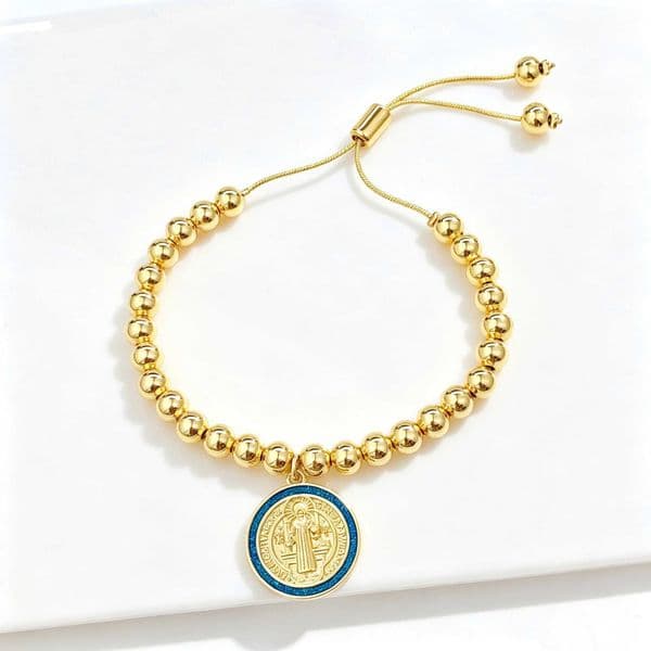 Gold-Plated 6mm Copper Bead Chain St Benedict Pendant Adjustable Bracelet New Trend for Womens Daily Party Jewelry Accessory C260601