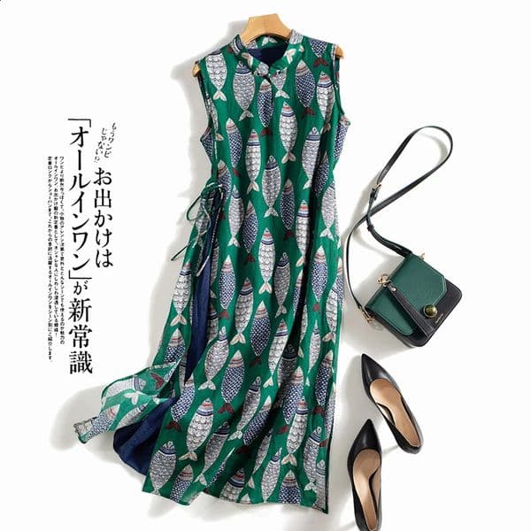 Fish Plaid Print Vintage Cotton Linen O-Neck Sleeveless A-Line Loose Womens Dress Korean Fashion Mid-Calf Dresses For Women 260527