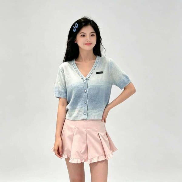 Designer Light Blue Knit Top, Women Short Sleeve Cardigan with Ombre Gradient and Pearl Trim, Casual Knitwear Long Sleeve Elegant
