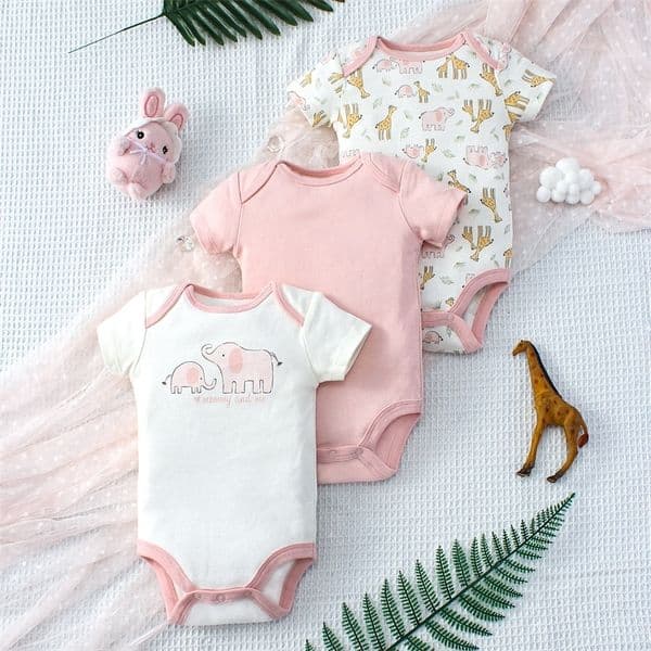 3PCS Summer Baby Girls Three Piece Bodysuit Animal Kingdom and Elephant Letter Pattern Short Sleeve Mothers Day Gif 260529