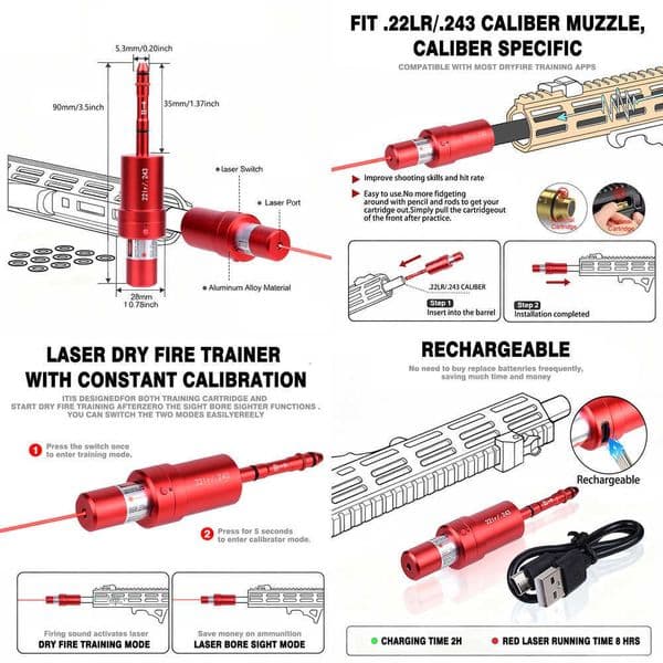 22LR 22 LR 40SW 30-30 25 27 7mm 65mm 177 762 300win 12GA 45ACP 223rem 9mm Laser Training Bullet Bore Sight Dry Fire Laser X260529