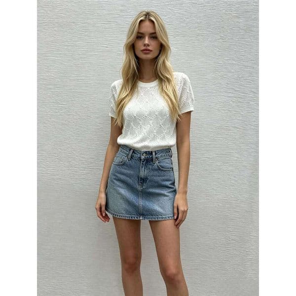 Designer White Knit Top, Women Short Sleeve with Embossed Dot Pattern and Openwork, Casual Elegant Knitwear Romantic Gentle Style