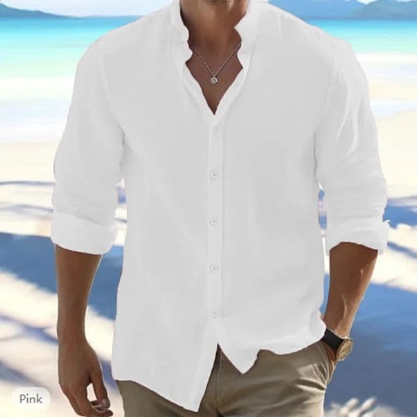 Mens LongSleeved Cotton Linen Summer Beach Style Shirts Solid Color Casual Versatile StandUp Collar Shirt Male Top 260601
