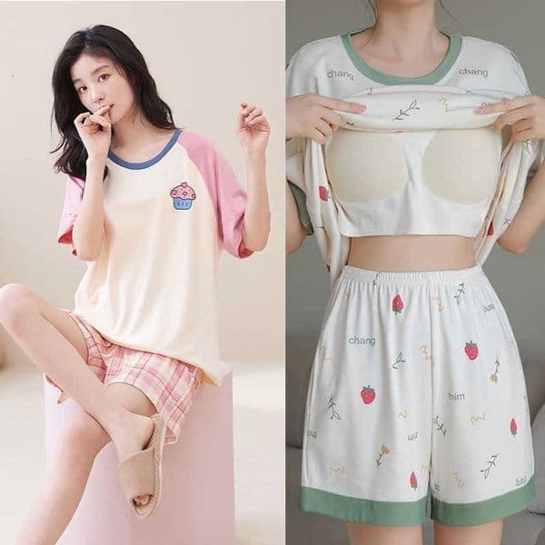 Summer Pajamas Female Short-Sleeved Set of Sweet with Chest Cushion Korean Version of the Cartoon Students Homewear Sleepwear C260601