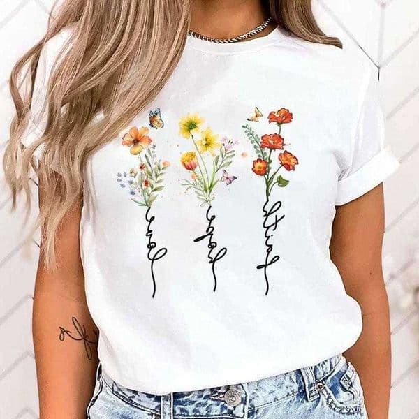 Womens Blouses Faith Hope Love Flower Letter Print T Shirt Women Summer Short Sve Fashion Summer Casual T-shirt D260601
