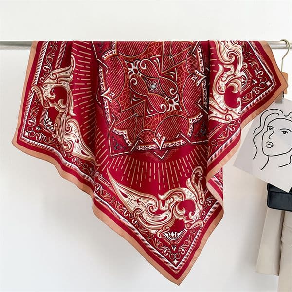 Designer Red Silk Scarf for Women Luxury Print Square Head Scarf Elegant Neck Wrap Fashion Shawl