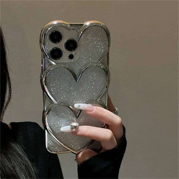 Glitter 3D Love Heart Phone Case For iPhone 16 15 14 13 12 Pro Max 11 Stylish Japan Korean Girl Cute Soft Cover Clear Shell