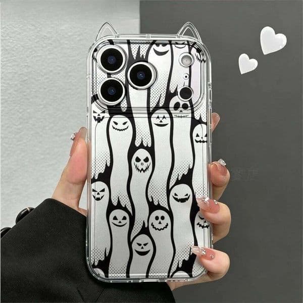 Interesting Black Ghost Phone Case For iPhone 17 Air 16 15 14 11 13 12 Pro Max XSMax XS XR X Cat Ears Soft Back Cover