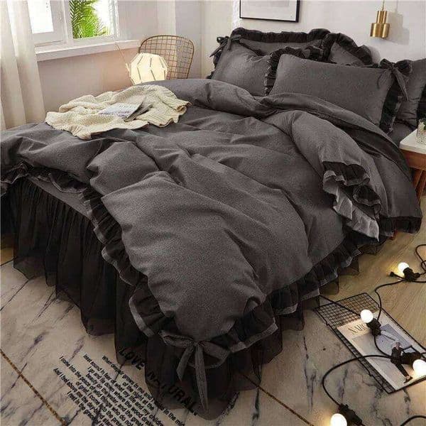 Luxury Black Princess Bedding Sets Kawaii Bed Skirt Sheet Pillowcase Fashion Girl Duvet Cover 4 Pieces Home Decoration 26Y0601