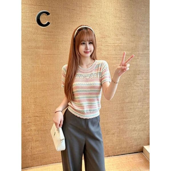 Designer Pastel Striped Knit Top, Women Round Neck with Lace Openwork, Casual Short Sleeve Knitwear Pocket Casual Dress