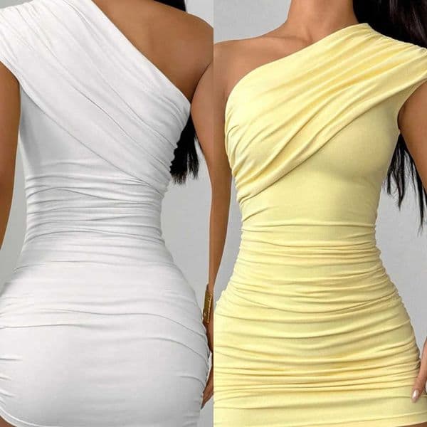 Summer Fashion New Solid Color Sexy Advanced Pure Desire Slant Shoulder Wrinkle Bag Hip Short DressL260530