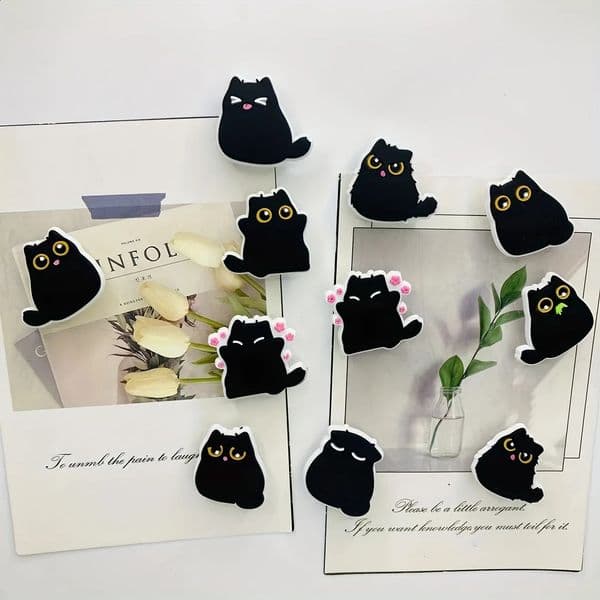 6pcs Kawaii Chubby Black Cat Fridge Magnet Decorative Plastic Resin MultiUse for Kitchen and Office Ideal Holiday Gift 260601