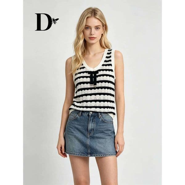 Designer White Knit Tank Top, Women Sleeveless with Navy Stripes, Black Bow and Openwork Pattern, Casual Knitwear Streetwear Trendy