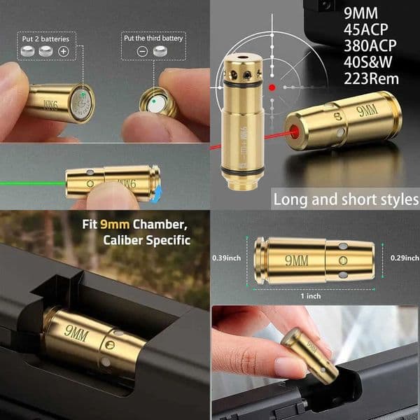 9mm 223Rem 40SW 380ACP 45ACP 2 In 1 Red Green Laser Cartridge 12 Batteries Tactical Training Laser Cartridge Training Bullet X260529