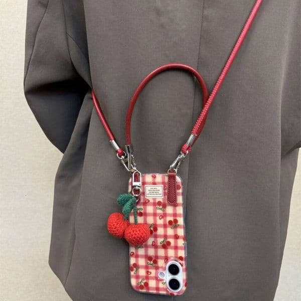 Stylish Cute Cherry Pendant Grid Pattern Case For iPhone 17 16 Max 15 14 Pro 13 12 11 Plus Crossbody Lanyard Cover 26Y0601