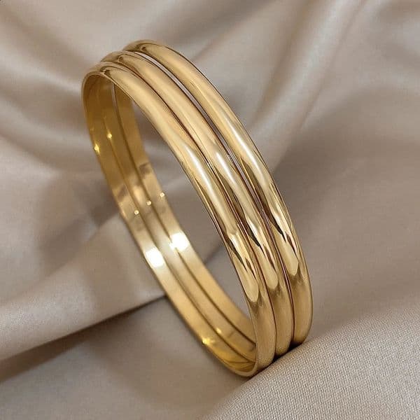 3pcs Glossy 18K Gold Plated Stainless Steel Bangle Bracelet for Women Minimalist Basic Wristband Bangles Waterproof Jewelry 260530
