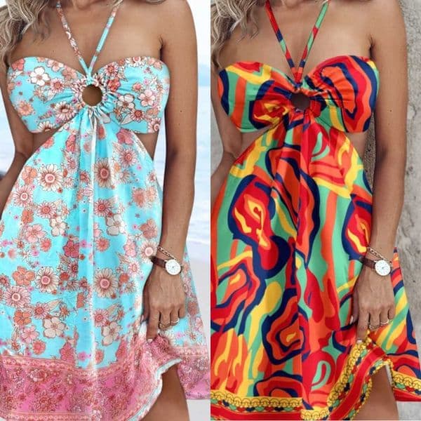 Floral Print Halter Tied Detail Elastic Shirred Back Mini Dress Casual Hollow Out A Line Vacation DressL260530