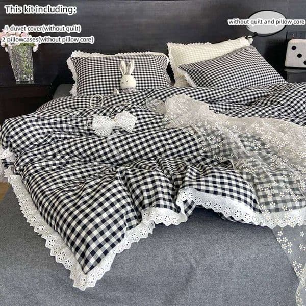 3pcs Black white plaid Duvet cover set (1*Duvet Cover + 2*Pillowcase, Without Core), lace Bedding Set, Soft Comfortable 26Y0601