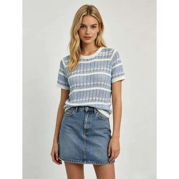 Designer Light Blue Knit Top, Women Short Sleeve with White A5 Stripes and Openwork, Casual Summer Knitwear High Waist Chiffon