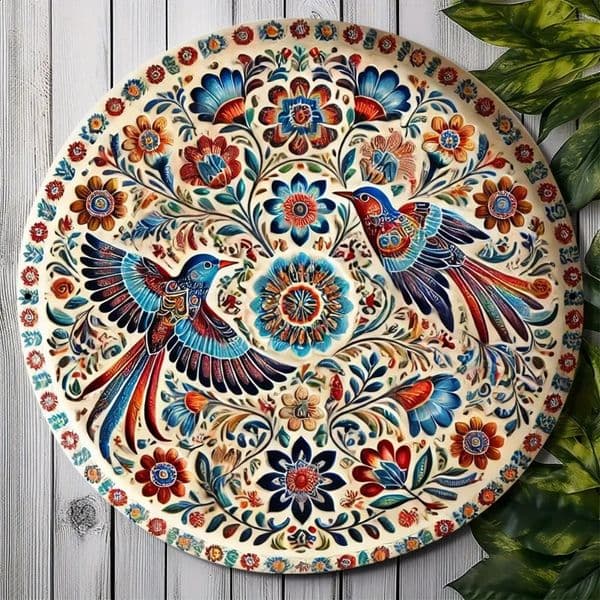 Floral Round Metal Wall Art Iron Plate with Lush Foliage n Perfect for Home Bar or Cafe Decor Mexican 260601