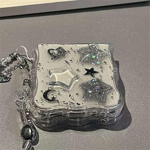 Korean 3D Glitter Star Clear Phone Case For Samsung Galaxy Flip 7/6 Flip5 Flip4 Flip3 Epoxy Wavy Border Protective Cover