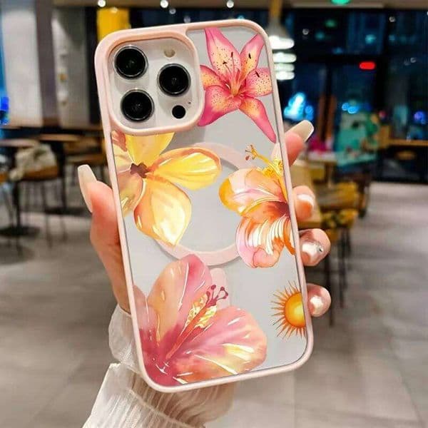 Yellow And Pink Floral Magsafe Wireless Charging Phone Case For 17 Max 16 15 14 13 12 11 Pro Plus Air Magnetic Cover