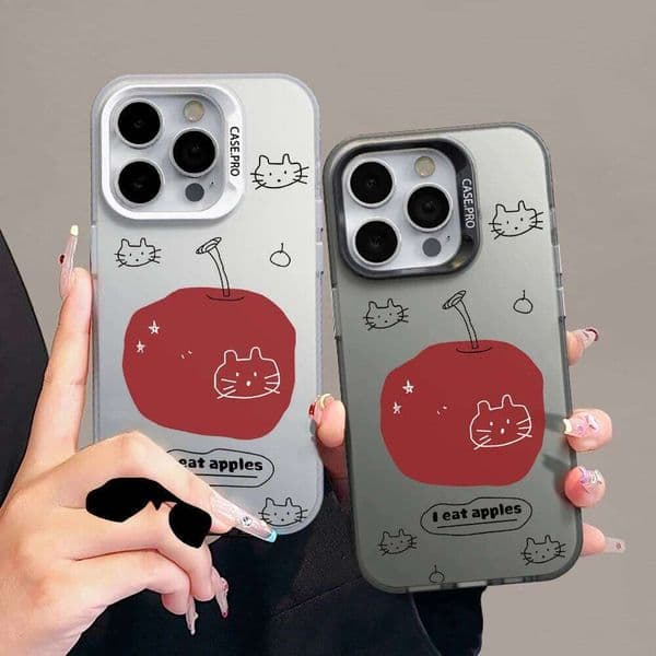 Cute Kawaii Doodle Cat with Case For iPhone 17 Air 16 E 15 14 13 12 11 Pro Max 8 Plus X IMD Colored Silver Camera Frame Cover