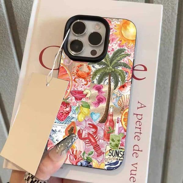 Beach Party Summer Collage Pattern Lychee Texture Phone Case For iPhone 11 12 13 14 15 16 17 Pro Max 14 15 Plus 17Air Soft Cover Z260601