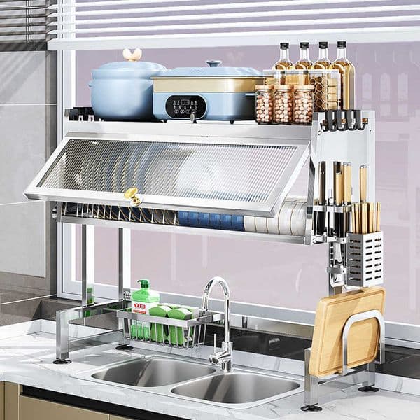 Draining Stainless Steel Rack Kitchen Sink Storage Rack Multifunctional Countertop Bowl and Plate Organizer Household Dustproof Sink CabinetL260601