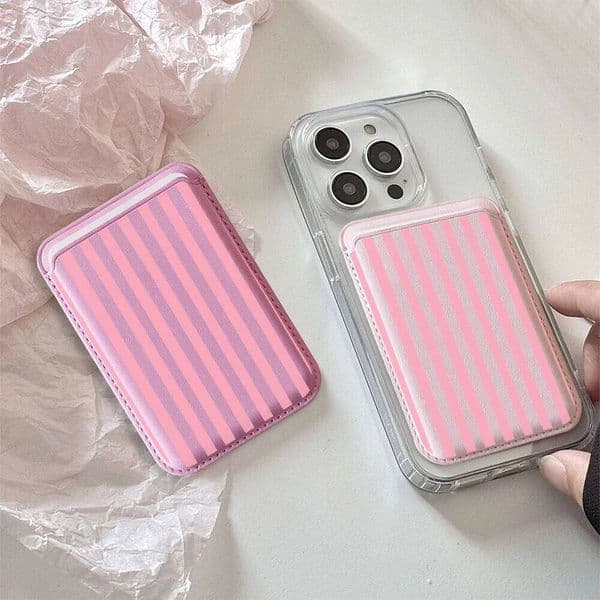 Aesthetic Minimalist Pink Stripe Leather Phone Card Wallet For Magsafe Slim Back Pocket Case Shockproof Durable Stylish Design