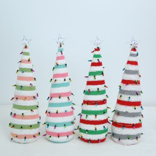 Set of 4 Striped Knit Christmas Trees with Star Toppers & Mini Lights - Festive Tabletop Decor