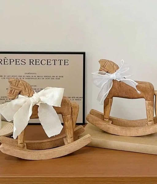 Heirloom Wooden Rocking Horse HandCarved Montessori Nursery Decor with Organic Cotton Bow FSC Oak Toy Non-Toxic Baby Shower GiftL260601