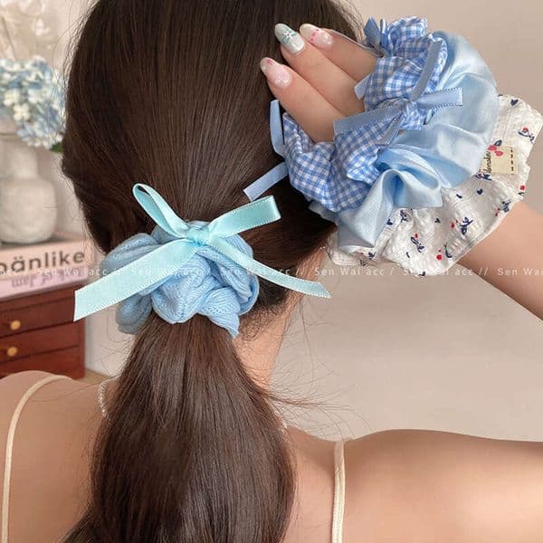 Designer Jewelry Luxury Jewelry 2026 New Blue Bow Lace Scrunchie For Women, Elegant And Fresh, Versatile Satin Hair