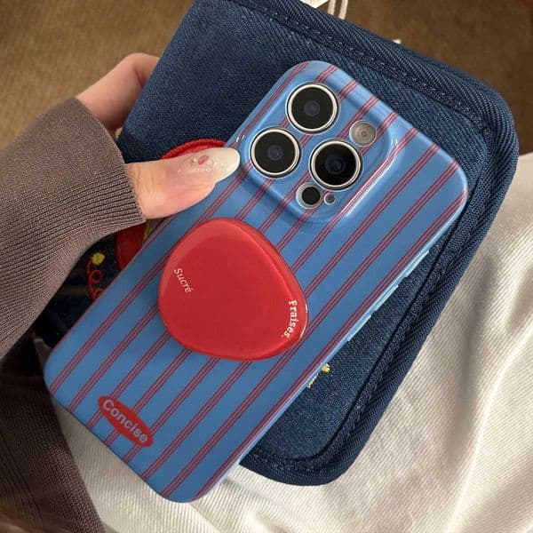 Red Retro Style Blue Striped With Bracket Phone Case For iPhone 17 Air 12 13 14 15 16 Pro Max XS X XR 7 8 Plus Shockproof Cover Z260601