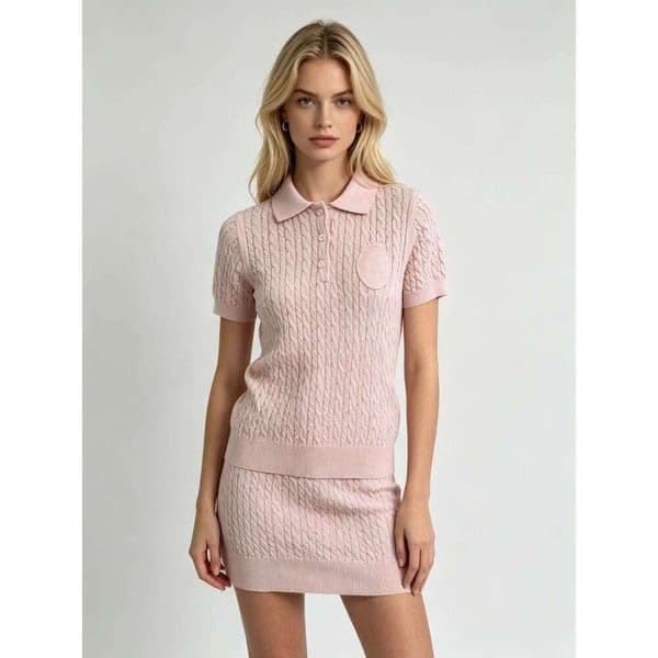 Designer Pink Cable Knit Polo Sweater, Women's Short Sleeve Top with Logo Patch, Casual Elegant Knitwear Bow Decor Dress