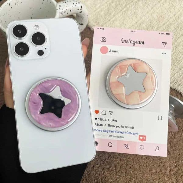 Cute Cartoon Korean Dot Star Makeup Mirror For Griptok Holder Phone Finger Ring Stand port For iPhone 16 Girl BracketJ260601