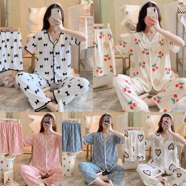 Womens New Spring/Summer Short-Sleeve Three-Piece Pajama Set Womens Short-Sleeve Loungewear Womens Summer Outfit Set C260601