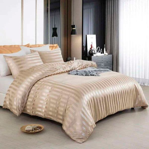 Satin Striped Twin/Full/Queen/King/Single/Double Size Set, Luxury Silky Like Khaki Stripe Duvet Cover Bedding Set 26Y0601
