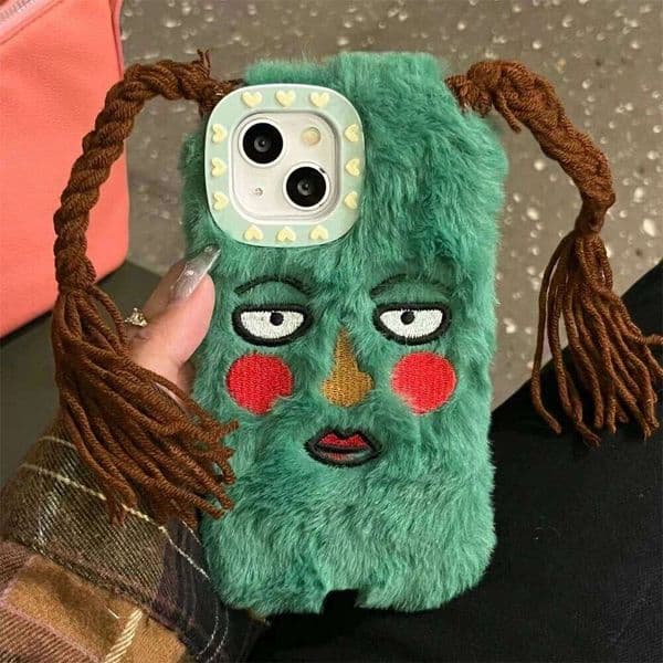 Korean Cute Funny Ugly Blush Girl Face Fur Phone Case For iPhone 16 15 14 13 12 Pro Max 11 Cartoon DIY Braids Plush Cover