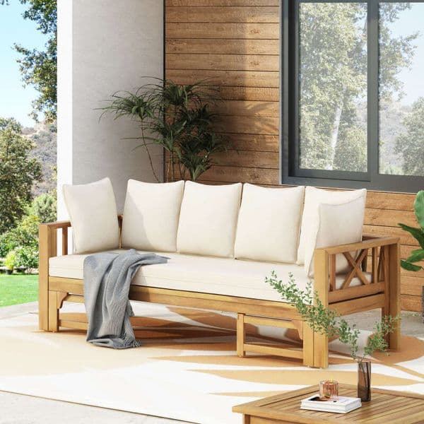 Outdoor Extendable Acacia Wood 3 Seater Sofa, Upholstered Cushion Couch, Spacious Seating Lounge Chair, Patio Daybed Sofa for Garden Yard