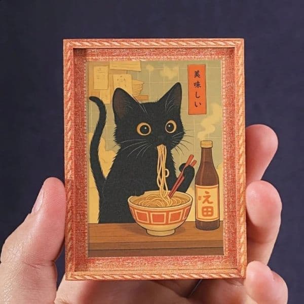 Mini Framed Black Cat Eating Ramen Magnet Cute Japanese Fridge for Kitchen Home Refrigerator Decor 260601