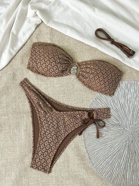 Women's Swimwear Sexy Bandeau Bikini Set Women Brown Metal Chain Push Up Bra Drawstring Thong Swimsuit 2026 Summer Bathing Suit Micro