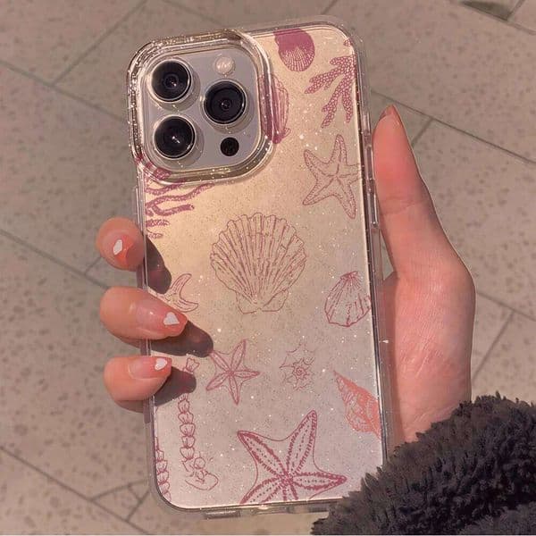 Summer Seashell Transparent glitter Phone Case For iPhone Max 16 14 15 17 13 12 11 Pro Plus 17E 16E XR XS Clear TPU cover