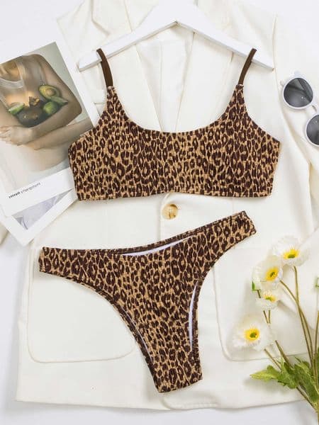 leopard bandeau sexy print wrinkled bikinis sets two pieces thong swimsuits beachwear bathing suit swimwear biquiniR260601