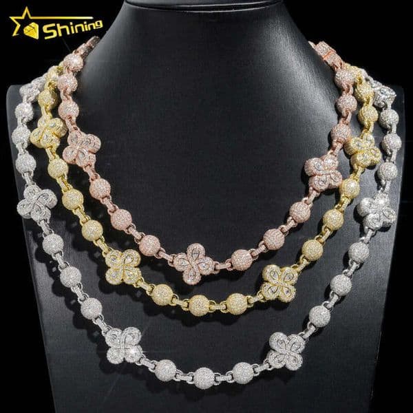 Hip Hop Necklace Iced Out Top Quality Moissanite Diamond Ball Chains Men Women Clover Design and Bracelet